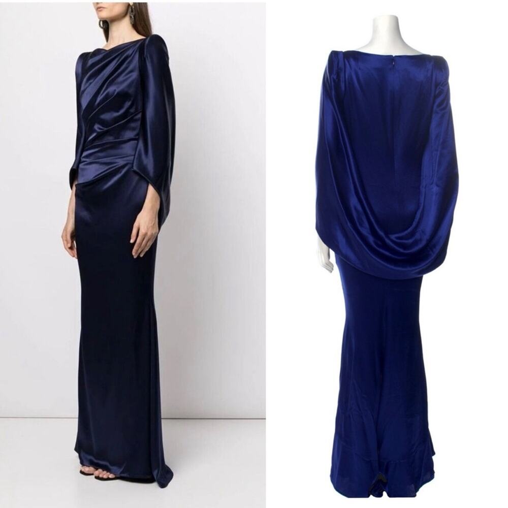 Talbot Runhof Draped Satin Gown Blue Size 8